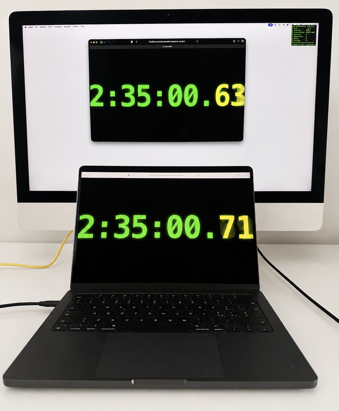 MacDisplay real-world latency test between an M4 Pro MacBook Pro and a 2017 Retina 5K iMac over Ethernet, showing about 80 ms of visible offset